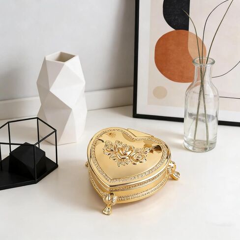 Feyarl Vintage Heart Shaped Jewelry Box Gold Keepsake Trinket Box with Rose Engraving Small Velvet-Lined for Rings Earrings Romantic Organizer for Women Girls in Saudi Arabia