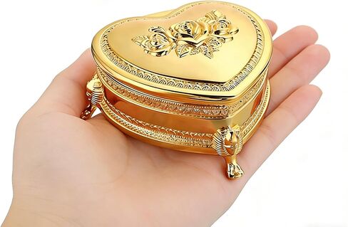 Feyarl Vintage Heart Shaped Jewelry Box Gold Keepsake Trinket Box with Rose Engraving Small Velvet-Lined for Rings Earrings Romantic Organizer for Women Girls in Saudi Arabia