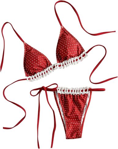 MakeMeChic Women's Polka Dots Lace Bikini Sets Triangle Halter Thong Cute 2 Piece Swimsuit in Saudi Arabia