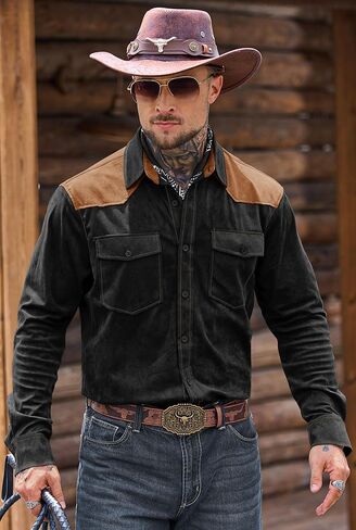 Men's Western Shirt Cowboy Soft Faux Suede Casual Button Down Shirt with Flap Pockets (S-2XL) in Saudi Arabia
