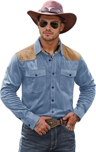 Men's Western Shirt Cowboy Soft Faux Suede Casual Button Down Shirt with Flap Pockets (S-2XL) in Saudi Arabia