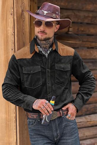 Men's Western Shirt Cowboy Soft Faux Suede Casual Button Down Shirt with Flap Pockets (S-2XL) in Saudi Arabia