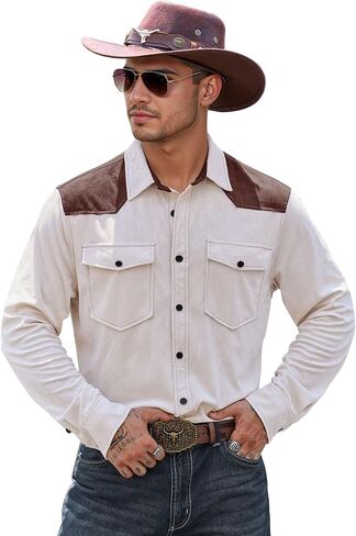 Men's Western Shirt Cowboy Soft Faux Suede Casual Button Down Shirt with Flap Pockets (S-2XL) in Saudi Arabia