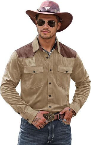 Men's Western Shirt Cowboy Soft Faux Suede Casual Button Down Shirt with Flap Pockets (S-2XL) in Saudi Arabia