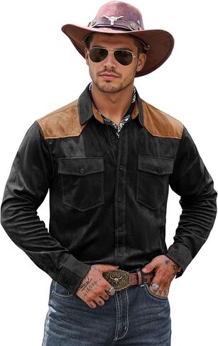 Men's Western Shirt Cowboy Soft Faux Suede Casual Button Down Shirt with Flap Pockets (S-2XL) in Saudi Arabia