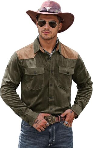 Men's Western Shirt Cowboy Soft Faux Suede Casual Button Down Shirt with Flap Pockets (S-2XL) in Saudi Arabia