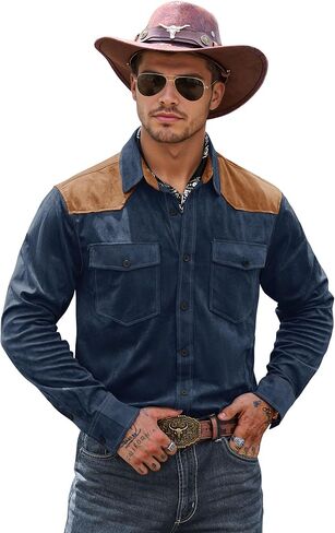 Men's Western Shirt Cowboy Soft Faux Suede Casual Button Down Shirt with Flap Pockets (S-2XL) in Saudi Arabia
