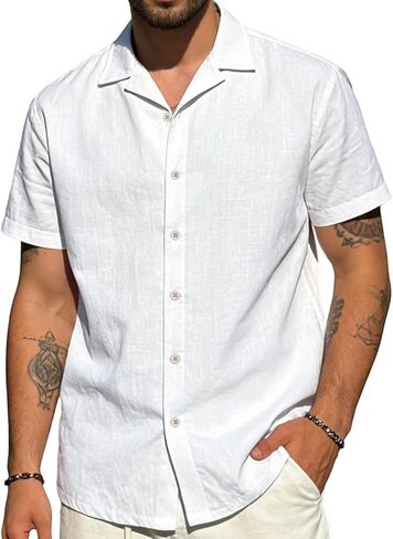 Mens Cotton Linen Shirt Casual Lightweight Button Down Shirt Short Sleeve Summer Beach Vacation Tops in Kuwait