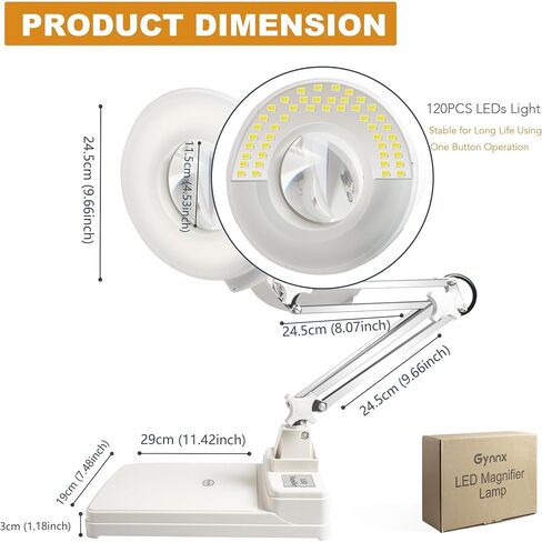 مصباح مكبر LED، مصباح مكتب مكبر 10X، 4200 لومن، عدسة زجاجية مكبرة 5 بوصة، مصابيح LED ساطعة 120 قطعة، ذراع مصباح من الفولاذ المقاوم للصدأ قابل للتعديل للقراءة، والحرف، والحياكة، ومنضدة عمل المكتب in Kuwait