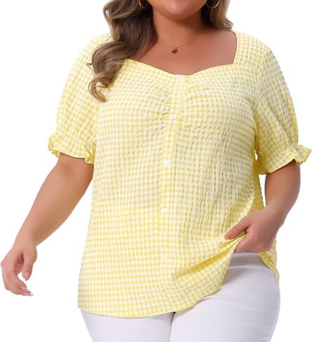 Agnes Orinda Women's Plus Size Gingham Tops 1950s Sweetheart Neck Flounce Sleeve Summer Blouse Top in Saudi Arabia