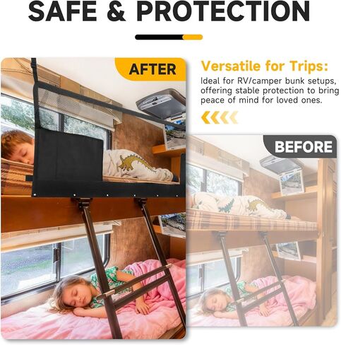 شبكة أمان للسرير بطابقين مقاس 46 بوصة × 18 بوصة - شبكة بوليستر عالية الكثافة مع أجزاء صلبة، أشرطة قابلة للتعديل مقاس 17.3 بوصة - 31.5 بوصة، متوافقة مع العربة، منزل متنقل، مقطورة، العجلة الخامسة، الفئة C in Kuwait