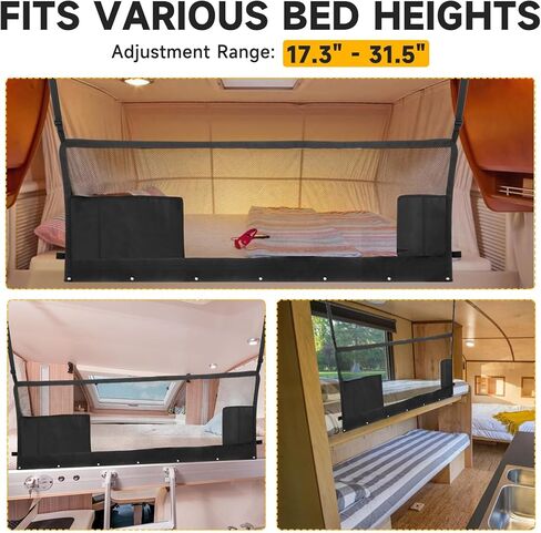 شبكة أمان للسرير بطابقين مقاس 46 بوصة × 18 بوصة - شبكة بوليستر عالية الكثافة مع أجزاء صلبة، أشرطة قابلة للتعديل مقاس 17.3 بوصة - 31.5 بوصة، متوافقة مع العربة، منزل متنقل، مقطورة، العجلة الخامسة، الفئة C in Kuwait