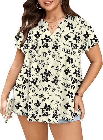 SCOMCHIC Womens Plus Size Dressy Casual Floral Blouses Business Work Button Down Tops Short Sleeve V Neck Pleated Shirts in Saudi Arabia