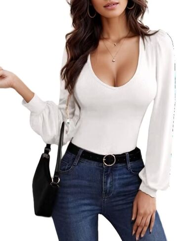 Blouses for Women Business Casual Fall Puff Sleeve Tops Slim Fit Long Sleeve V Neck Shirts Solid Sexy Shirts Trendy in Saudi Arabia