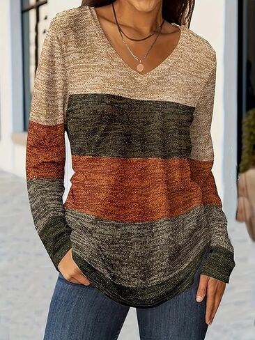 Women's V Neck Long Sleeve T Shirts Casual Color Block/Solid Tunic Tops Basic Tees in Saudi Arabia