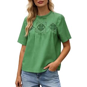 بلوزة نسائية من الدانتيل القطني بأكمام قصيرة ورقبة دائرية بيبي دول تيشيرتات متأرجحة شبكية مع تصميم خلفي رقيق in Kuwait