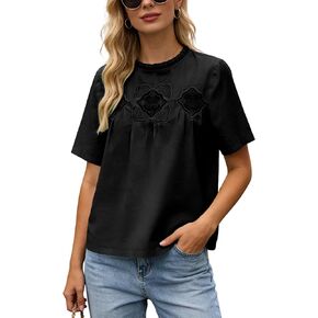 Women's Cotton Lace Flared Blouse Short Sleeve Crew Neck Babydoll Top Mesh Swing Tshirts with Delicate Back Design in Saudi Arabia