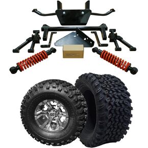 Hardcore Parts 6" A-Arm Lift Kit for Yamaha Drive (G29) with Coil-Over Shocks, 10" Machined/Gunmetal 'Vampire' Golf Cart Wheels and 22"x11"-10" DOT rated All-Terrain tires in Kuwait