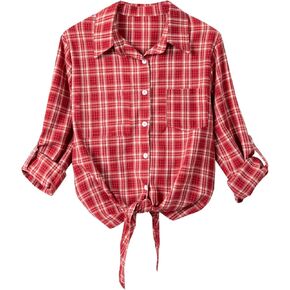 Womens Front Tie Tops Long Sleeve Buffalo Plaid Button Down Shirts with Pocket in Saudi Arabia