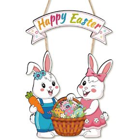 Easter Wreath Decorations for Front Door, Wooden Happy Easter Bunny Door Hanger Welcome Sign with Hemp Rope for Spring Home Farmhouse Party Porch Window Wall Decor Indoor Outdoor in Kuwait