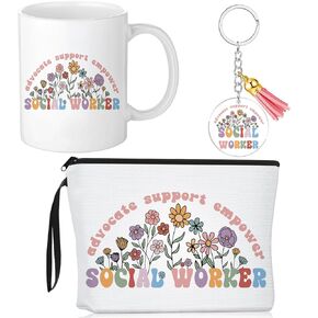 Havawish 3 Pcs Social Worker Month Gift for Women Wildflower Cosmetic Bag Makeup Bag Advocate Support Coffee Mug 11 oz Novelty Cup and Keychain Socialworker Appreciation Gift(Cute,Acrylic) in Kuwait