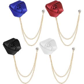 Brooch Lapel Pin for Men, 4 PCS Lapel Flowers with Chain for Men Suits, Multicolor Rose Handmade Satin Flower Lapels Pin with Hanging Chain Vintage Groom Wedding Brooch for Men's Suit Wedding Party in Kuwait