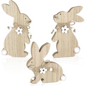 3Pcs Easter Decorations for Home Easter Bunny Wooden Table Sign Farmhouse Rabbit Table Centerpieces with Pompom Ball Rustic Wood Tabletop Blocks Tiered Tray Shelf Mantle Office Desk Indoor Party Decor in Kuwait