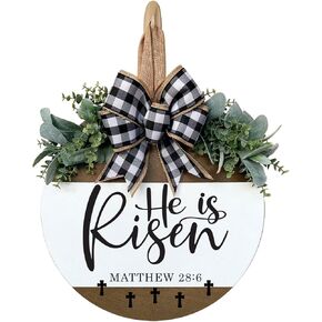 علامة ترحيب للباب الأمامي من He Is Risen، أكاليل شماعات لباب عيد الفصح من الخشب المستدير الريفي، ديكور جدار الشرفة الأمامية للمزرعة معلق لديكور الربيع في الهواء الطلق للمنزل in Kuwait