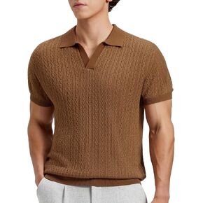 Susclude Mens Old Money Knit Shirts Textured Short Sleeve V Veck Polo Sweater Casual Collared Pullover Stretch Shirt Summer in Kuwait