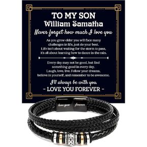 سوار باسم مخصص لابني - هدية أمي الحب للابن، سوار جلدي مضفر للرجال، هدية تخرج عيد ميلاد مع بطاقة رسالة وصندوق هدايا، مجوهرات اسم شخصي للأبناء in Kuwait