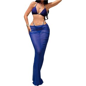 Verdusa Women's 3 Piece Beaded Halter Bikini Set Triangle Thong Swimsuit with Beach Cover Up Skirts in Saudi Arabia