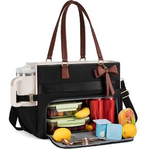 LOVEVOOK Laptop Bag, Tote Bag for Women with Insulated Lunch Compartment, Work Bag with Large Capacity & Cup Holder, Nurse Tote for Teacher, Nurse, Travel, College, Daily, Black-Beige-Brown, 17.7 Inch in Kuwait