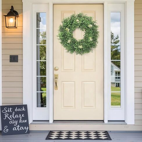 Weldomcor أكاليل خشب البقس الأخضر للباب الأمامي 22 بوصة، إكليل الخضرة الاصطناعي للربيع والصيف مع التوت خارج كل موسم ديكور المزرعة للخارجية والداخلية ونافذة الشرفة المنزلية وديكور الزفاف in Kuwait