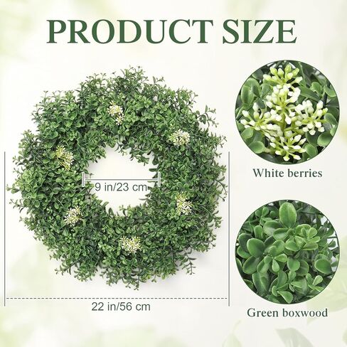 Weldomcor أكاليل خشب البقس الأخضر للباب الأمامي 22 بوصة، إكليل الخضرة الاصطناعي للربيع والصيف مع التوت خارج كل موسم ديكور المزرعة للخارجية والداخلية ونافذة الشرفة المنزلية وديكور الزفاف in Kuwait