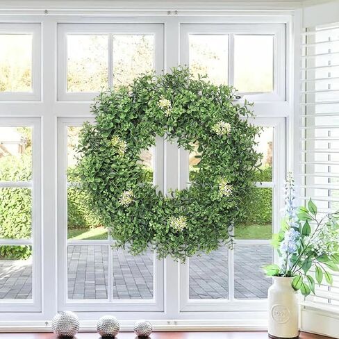 Weldomcor أكاليل خشب البقس الأخضر للباب الأمامي 22 بوصة، إكليل الخضرة الاصطناعي للربيع والصيف مع التوت خارج كل موسم ديكور المزرعة للخارجية والداخلية ونافذة الشرفة المنزلية وديكور الزفاف in Kuwait