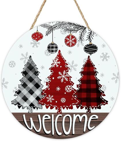 Welcome Christmas Tree Front Door Sign, Farmhouse Xmas Ball Buffalo Plaid Snowflake Wood Hanger Outdoor Outside Porch Home Decor, Winter Holiday Wooden Wreath Indoor Wall Hanging Decoration in Saudi Arabia
