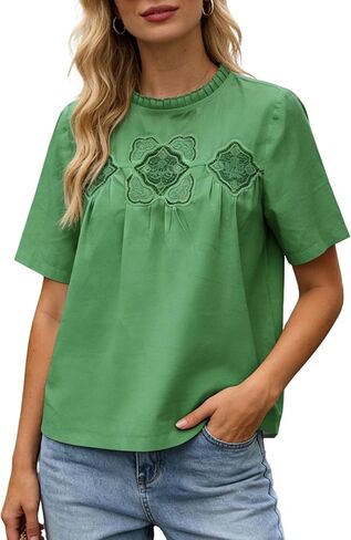 بلوزة نسائية من الدانتيل القطني بأكمام قصيرة ورقبة دائرية بيبي دول تيشيرتات متأرجحة شبكية مع تصميم خلفي رقيق in Kuwait