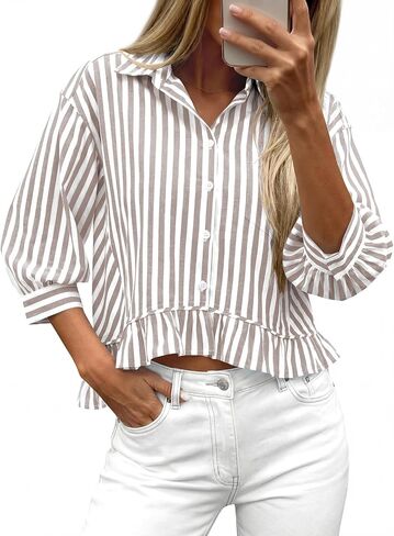 PRETTYGARDEN Striped V Neck 3/4 Length Sleeve Oversized Button Down Shirts for Women Ruffle Summer Tops Dressy Casual Blouses in Saudi Arabia