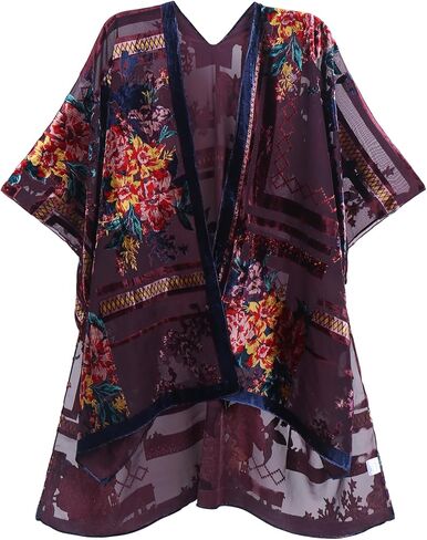 WeHello Women's Burnout Velvet Kimono Long Cardigan Cover Up Without Tassel (Maroon)… in Kuwait