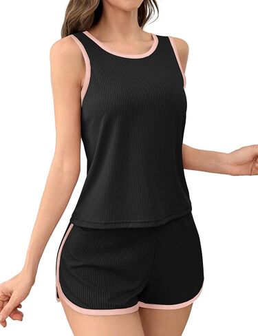 JUSTFASHIONNOW Women's 2-Piece Contrast Trim Pajama Set - Casual Tank Top & Shorts, Soft Ribbed Loungewear in Kuwait