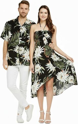 Matchable Couple Hawaiian Luau Shirt or Butterfly Dress in Wispy Cereus Black in Saudi Arabia