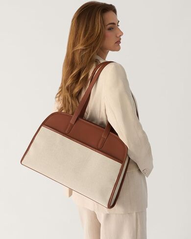 Work Tote Bags for Women 15.6 Inch - Canvas Leather Computer Bag with Zip Compartments - Briefcase for Women Professional Office Purse - Brown + Beige in Saudi Arabia