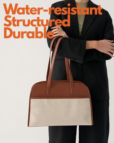 Work Tote Bags for Women 15.6 Inch - Canvas Leather Computer Bag with Zip Compartments - Briefcase for Women Professional Office Purse - Brown + Beige in Saudi Arabia