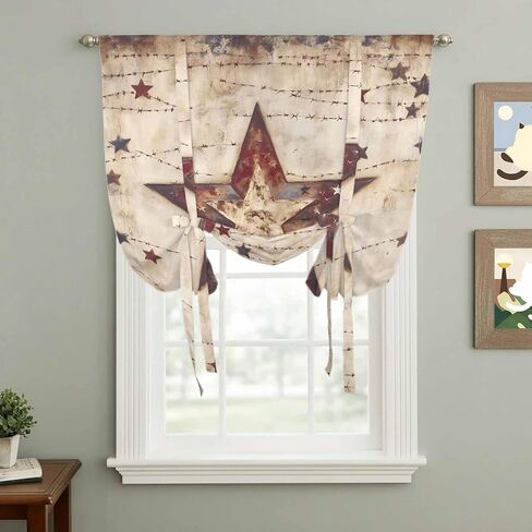 Texas Star Western Tie Up Curtains for Window, Stars Country Retro Thermal Insulated Balloon Shade Adjustable Rod Pocket Curtains Valance Panels for Kitchen Bathroom Café 52'' x 63'' in Saudi Arabia