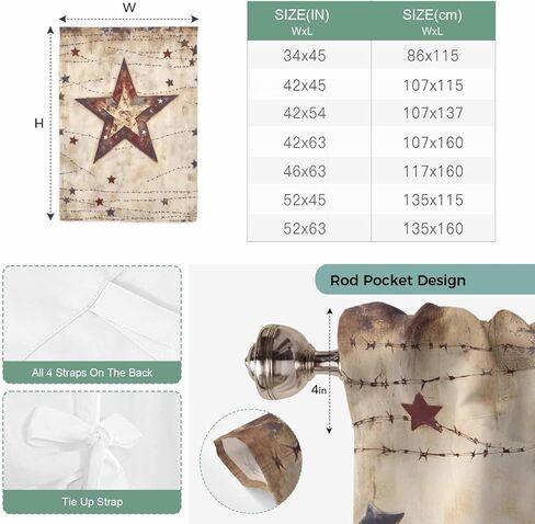 Texas Star Western Tie Up Curtains for Window, Stars Country Retro Thermal Insulated Balloon Shade Adjustable Rod Pocket Curtains Valance Panels for Kitchen Bathroom Café 52'' x 63'' in Saudi Arabia