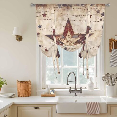 Texas Star Western Tie Up Curtains for Window, Stars Country Retro Thermal Insulated Balloon Shade Adjustable Rod Pocket Curtains Valance Panels for Kitchen Bathroom Café 52'' x 63'' in Saudi Arabia