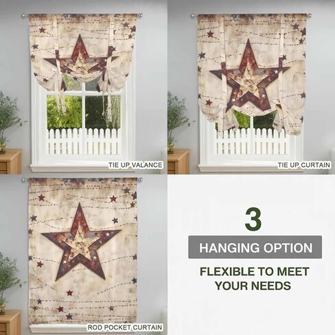 Texas Star Western Tie Up Curtains for Window, Stars Country Retro Thermal Insulated Balloon Shade Adjustable Rod Pocket Curtains Valance Panels for Kitchen Bathroom Café 52'' x 63'' in Saudi Arabia