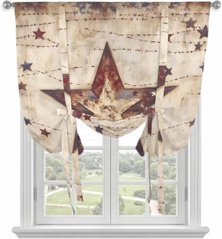 Texas Star Western Tie Up Curtains for Window, Stars Country Retro Thermal Insulated Balloon Shade Adjustable Rod Pocket Curtains Valance Panels for Kitchen Bathroom Café 52'' x 63'' in Saudi Arabia
