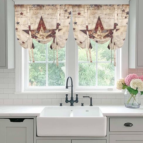 Texas Star Western Tie Up Curtains for Window, Stars Country Retro Thermal Insulated Balloon Shade Adjustable Rod Pocket Curtains Valance Panels for Kitchen Bathroom Café 52'' x 63'' in Saudi Arabia