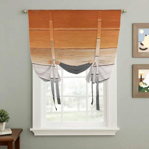 Orange Gray Tie Up Curtains for Window, Farmhouse Retro Gradient Wooden Grain Thermal Insulated Balloon Shade Adjustable Rod Pocket Curtains Valance Panels for Kitchen Bathroom Café 42'' x 45'' in Saudi Arabia